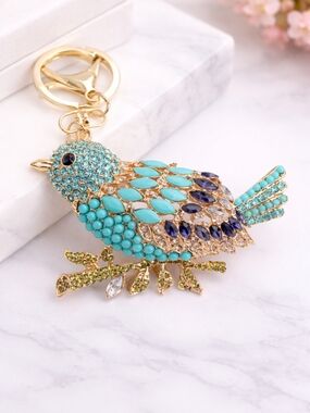 💙Turquoise Rhinestone Bird Bag Charm / Keychain Gold Tone Statement NEW